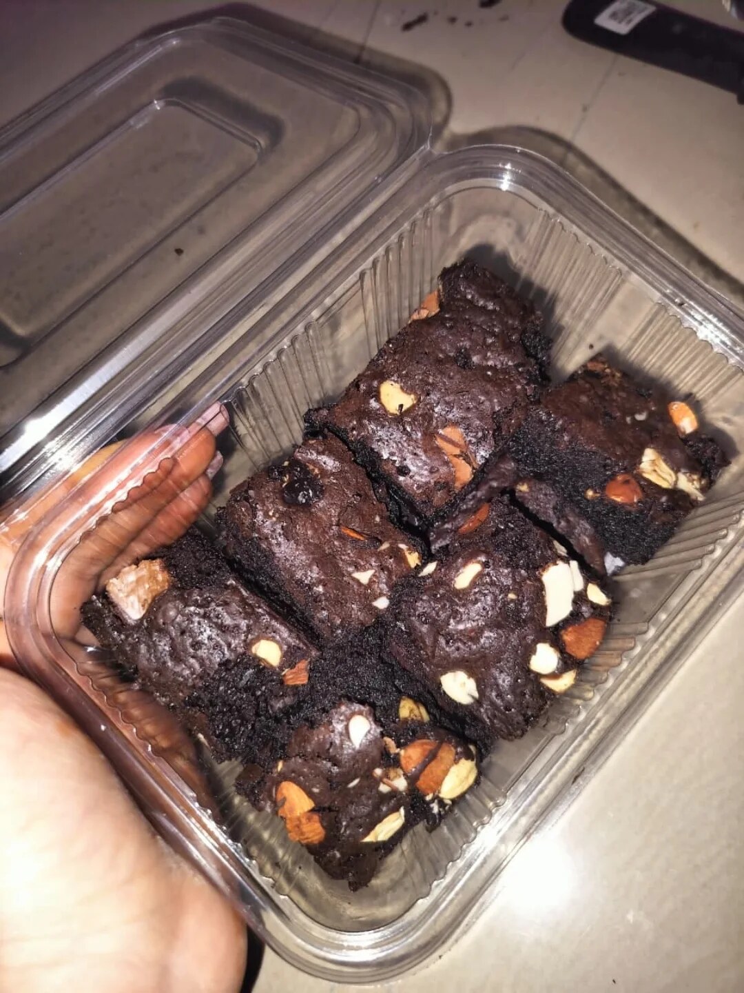 A box of nut-loaded brownies from Luffy Bakes