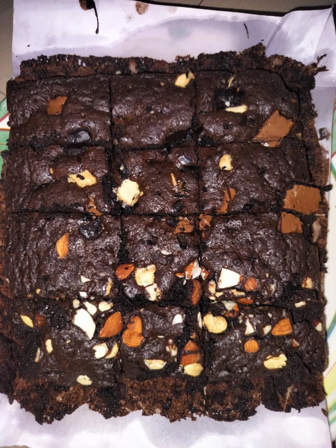 Nut-loaded brownie slab fresh from the Luffy Bakes kitchen