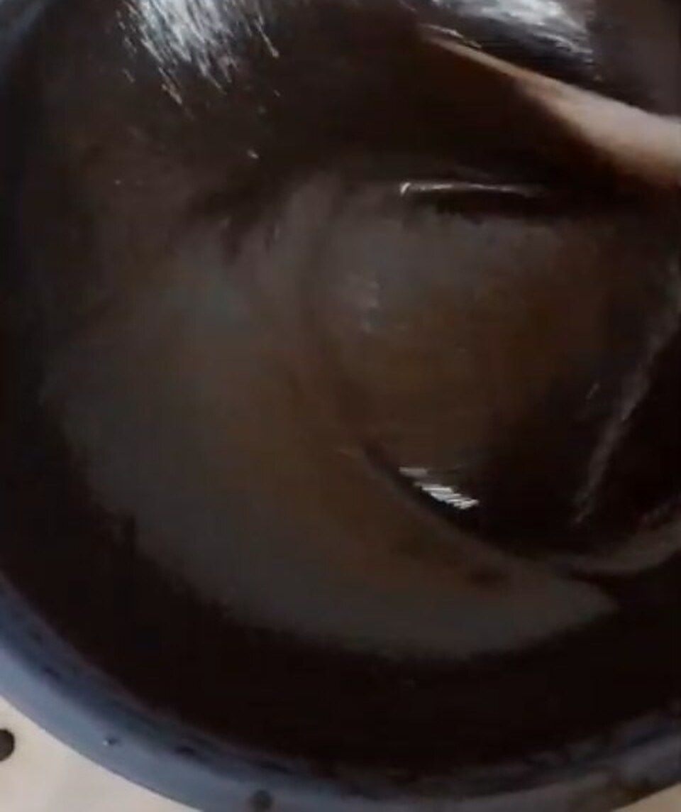 Molten chocolate being folded in the Luffy Bakes kitchen